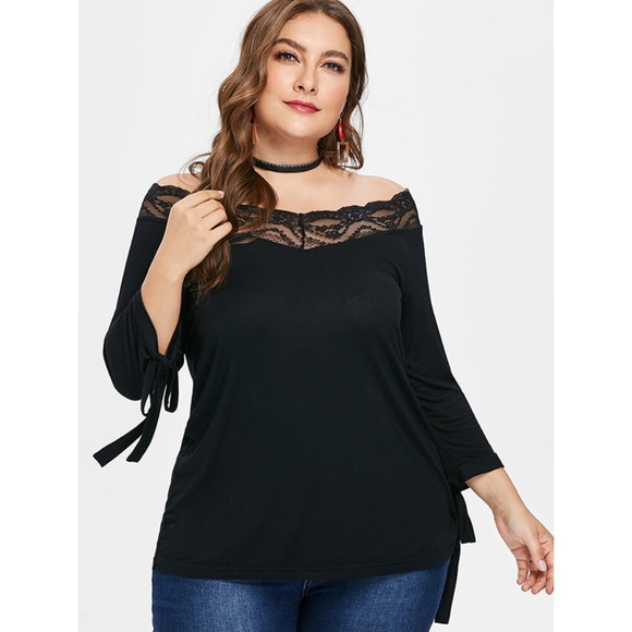 Plus Size Off Shoulder Slim Fit Top - Black - Picture 2 of 8